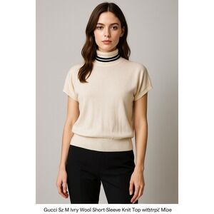 Gucci Ivory Wool Knit Top Stretchy Short Sleeve Striped Trim Women's Medium